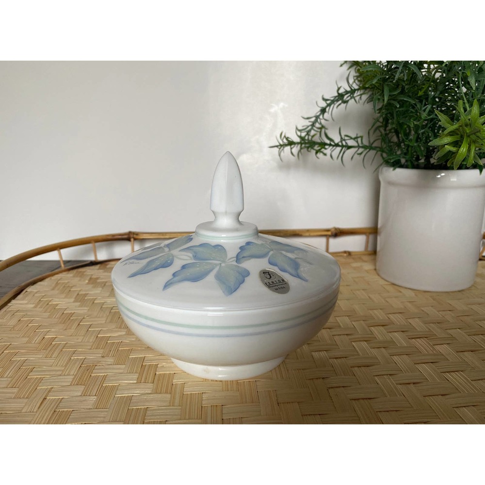 Fenton White Glass Blue Floral Candy Dish with Lid